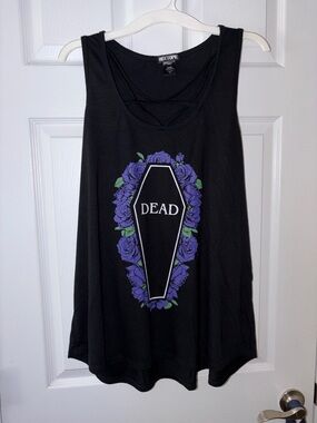 Hot Topic Black Graphic Tank with Purple Rose Coffin
